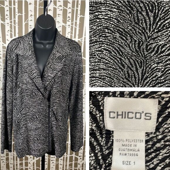 Chico's black and silver metallic tiger print asymmetrical zip front jacket sz 1 - Picture 2 of 16